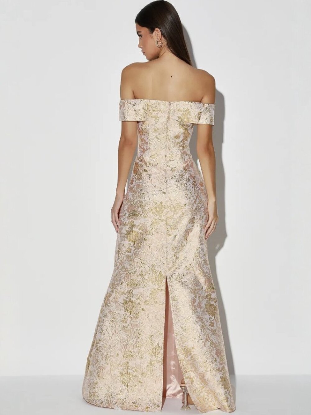 Lulus Illustrious Champagne Jacquard Off-the-Shoulder Maxi Dress NWT - Picture 3 of 15